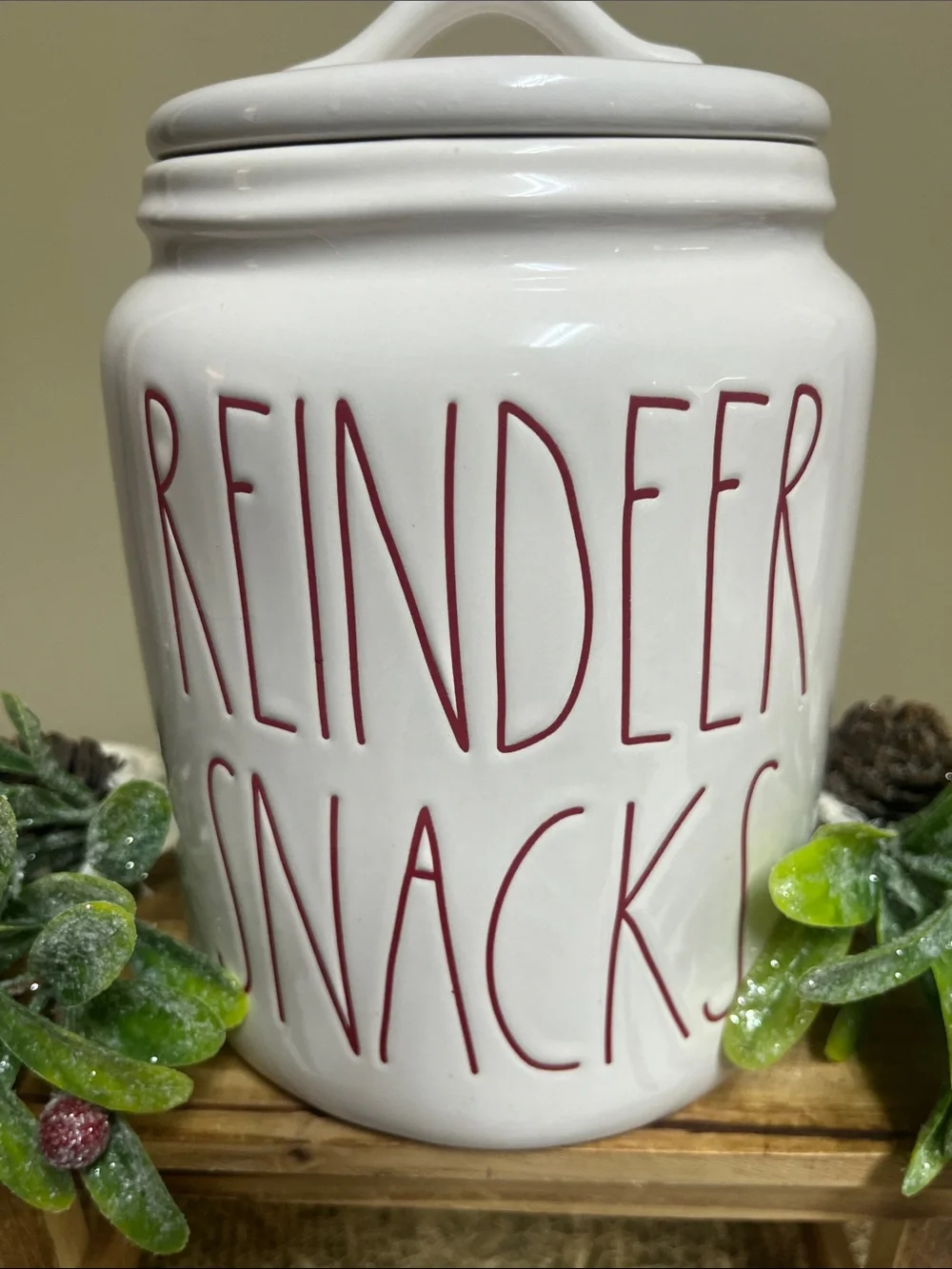 Rae Dunn Reindeer Snacks Canister in good condition
